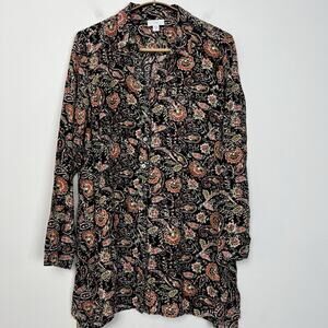 J.Jill Tunic Top SP Small Petite Dark Brown Paisley Floral Long Sleeves Pockets